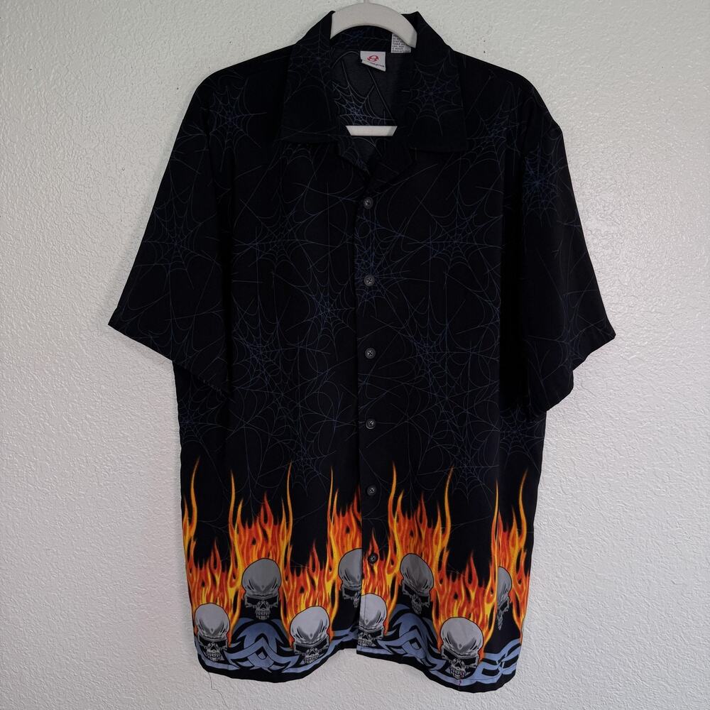 Anchor Blue Y2K Shirt Mens Large Skull Flame Spiderweb Button Up Black Biker